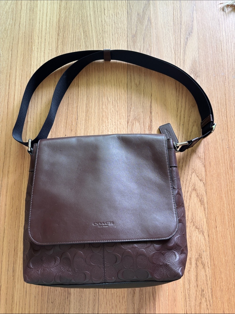 Coach Houston Map Brown Leather Messenger Bag with Black Canvas Strap